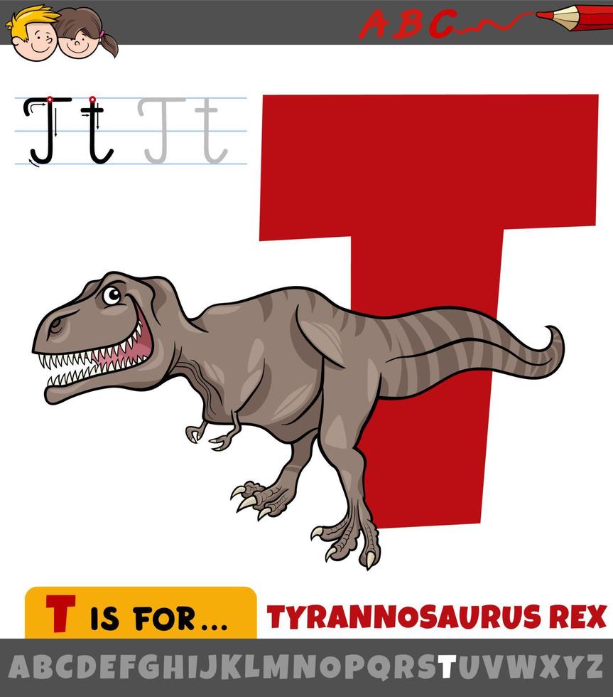 letter T from alphabet with cartoon Tyrannosaurus Rex character vector