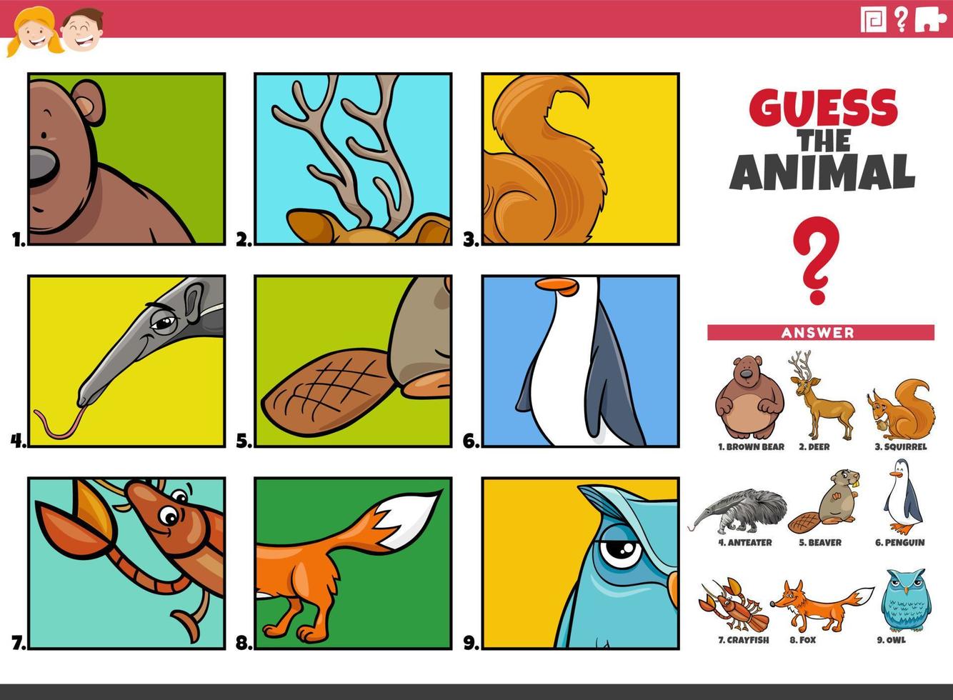 guess cartoon animal characters educational task for children vector
