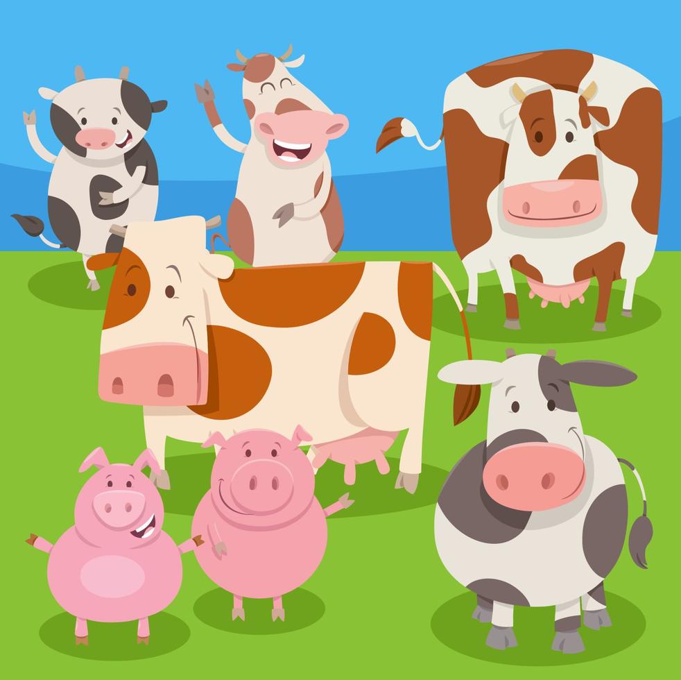 personajes de animales de granja de dibujos animados felices en el campo vector