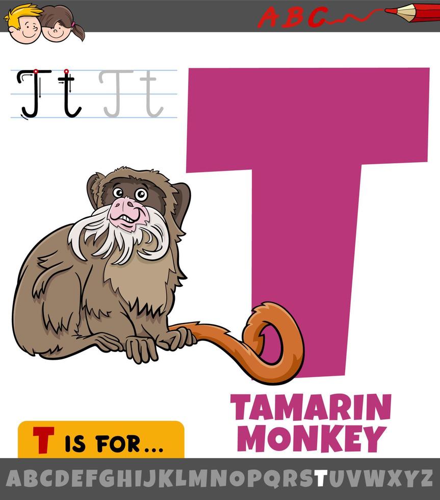 letter T from alphabet with cartoon tamarin monkey vector
