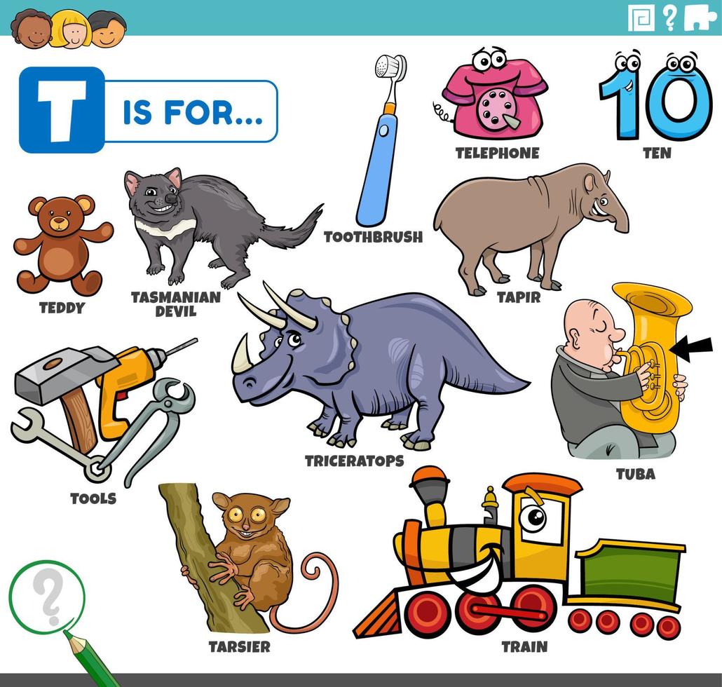 letter t words educational set with cartoon characters 8102057 Vector