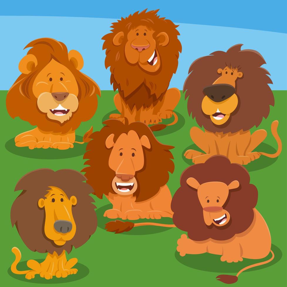 grupo de personajes de animales de leones de dibujos animados divertidos vector