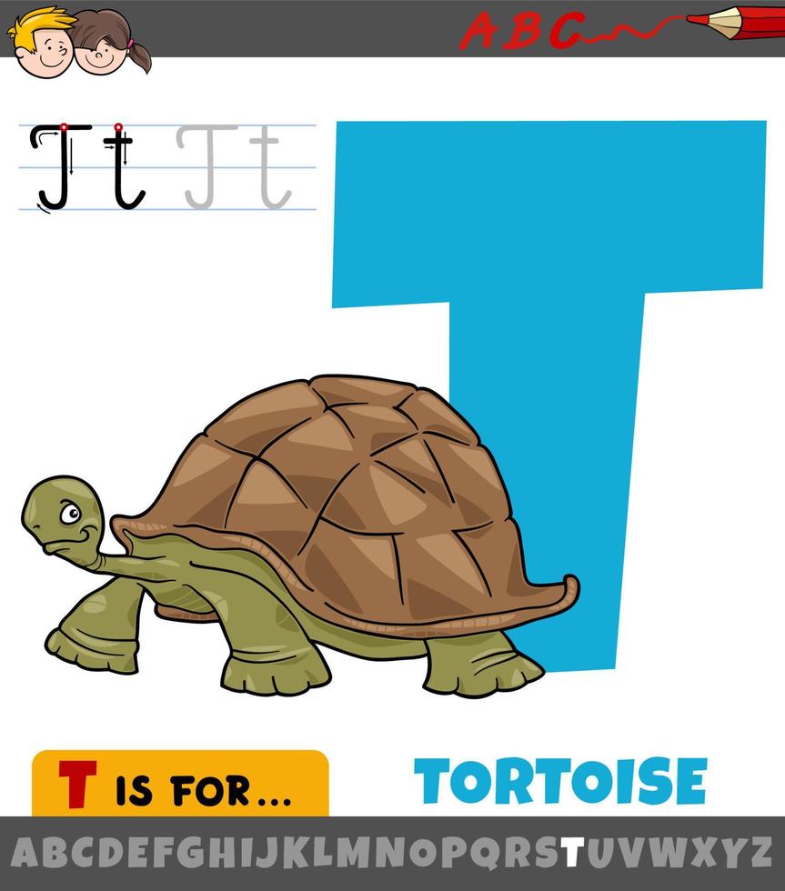 letra t del alfabeto con carácter animal tortuga de dibujos animados vector