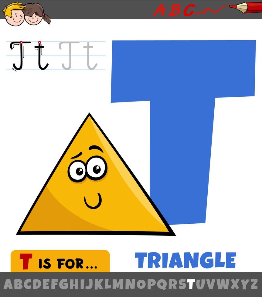 letter T from alphabet with cartoon triangle geometric shape vector