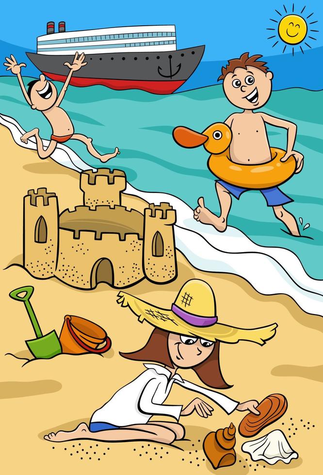 niños de dibujos animados pasando sus vacaciones en la playa vector