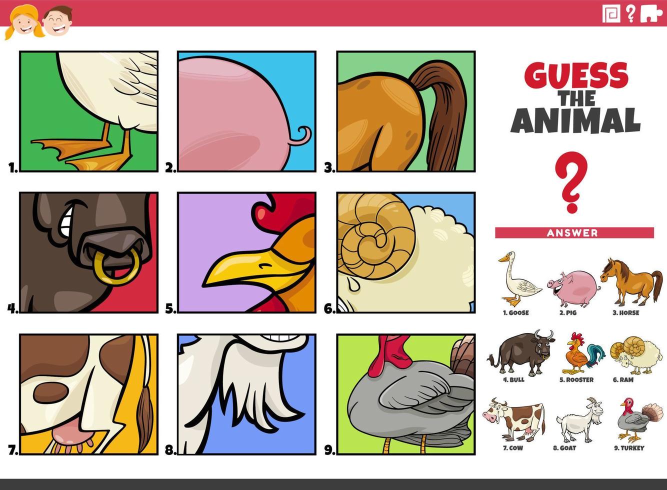 adivinar personajes de animales de dibujos animados tarea educativa para niños vector