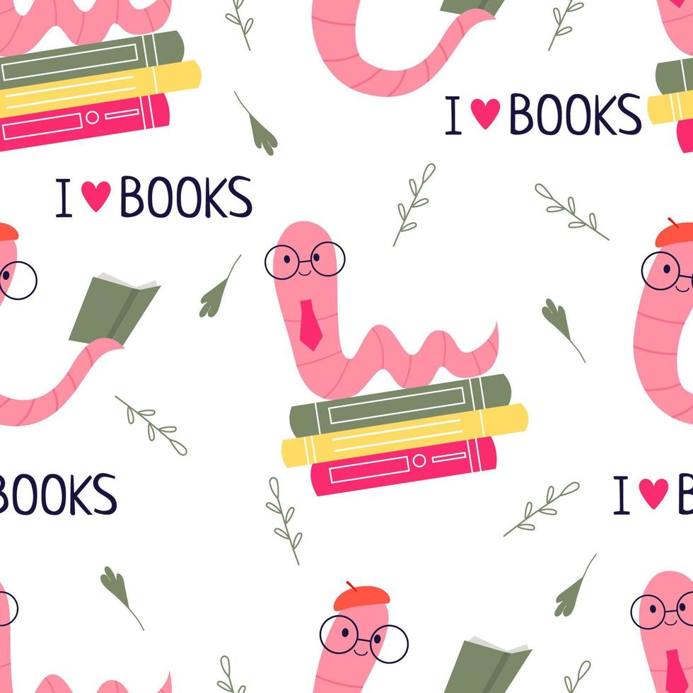 Bookworm.Hand-drawn educational seamless pattern bookworm and books.Drink coffee and read books .  Cartoon style vector