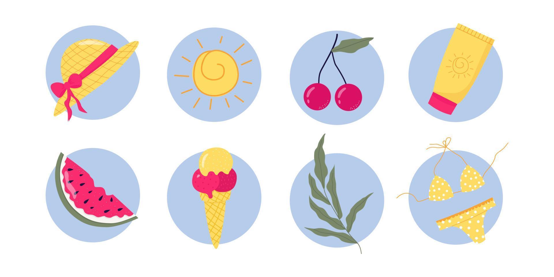 Summer set of stickers watermelon, hat, swimsuit, cherry, sunscreen, , palm branch, sun and sweet ice cream. Bright summer set. vector