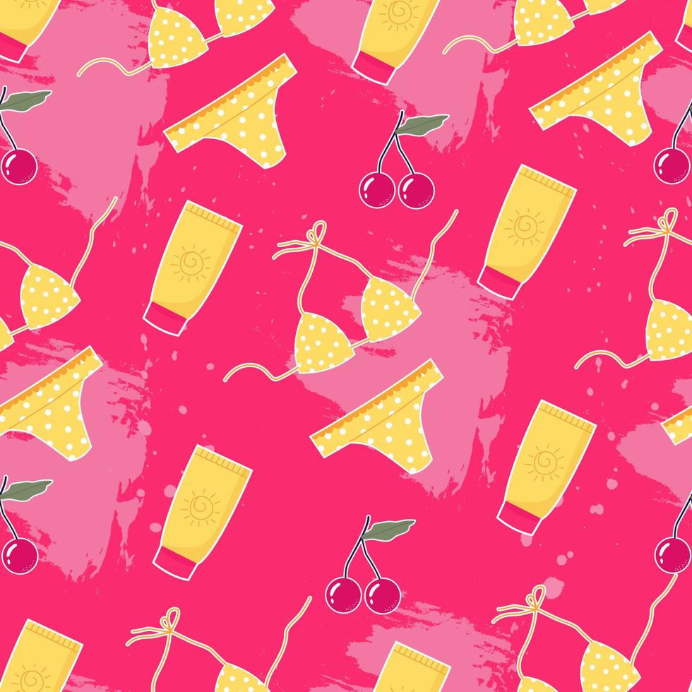 Trendy summer pattern with cherry and yellow swimsuit on an abstract background. Bright summer pattern for printing, paper, wallpaper, fabric and for the internet. vector