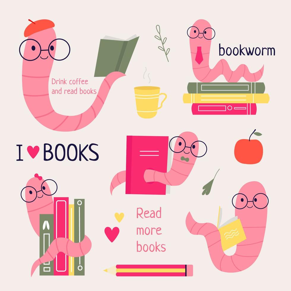 Bookworm.Read more books. A set of different bookworm in glasses and books. Hand-drawn educational vector illustrations.  Cartoon style