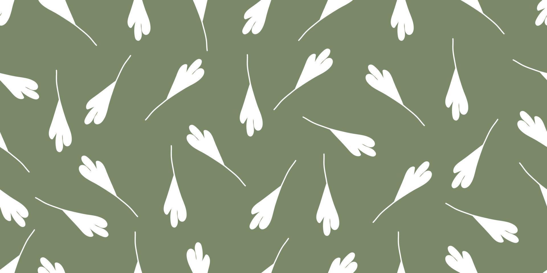 White leaves on a green background. Floral, botanical elements on a bolt green background. Neutral elegant design. Minimalistic fabric, wrapping paper repeating hand drawn vector design.