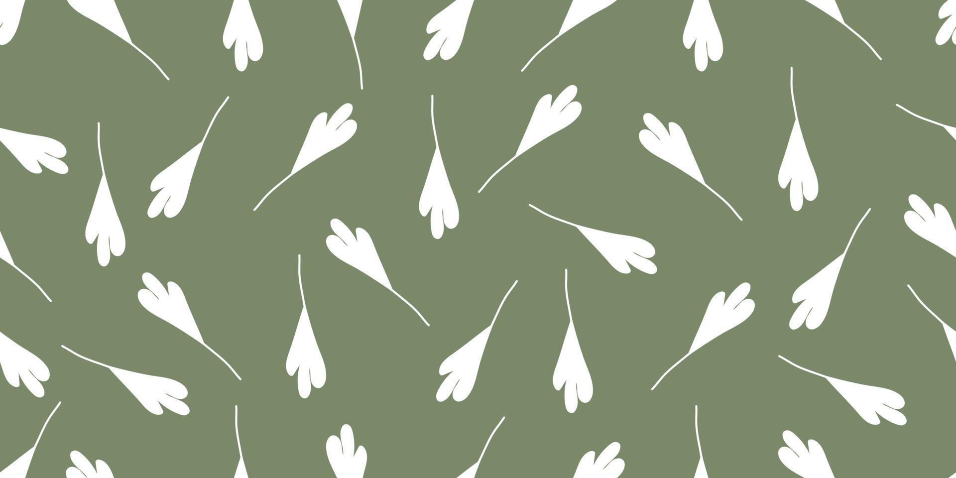 hojas blancas sobre un fondo verde. elementos florales y botánicos sobre un fondo verde perno. diseño elegante neutro. tela minimalista, papel envolvente que repite el diseño vectorial dibujado a mano. vector