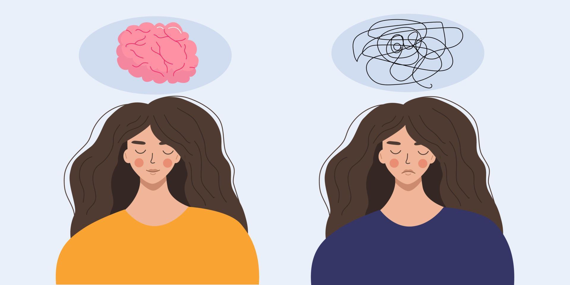 The concept of mental health. A happy girl with healthy thoughts, and a sad girl with depressive thoughts. Flat vector illustration