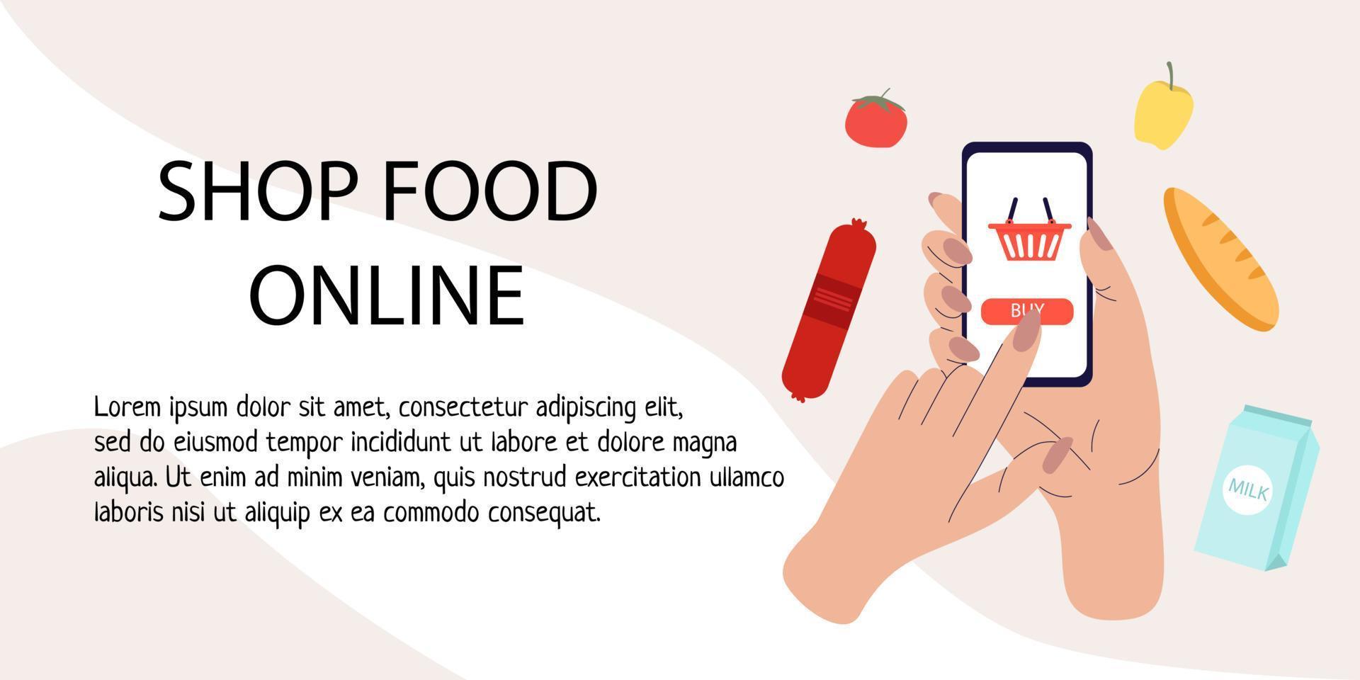 teléfono de mano y variedad de elementos alimentarios. banner de compras de alimentos en línea. mercado local y tienda de abarrotes. compra de alimentos en línea... diseño de banner de vector dibujado a mano de moda.