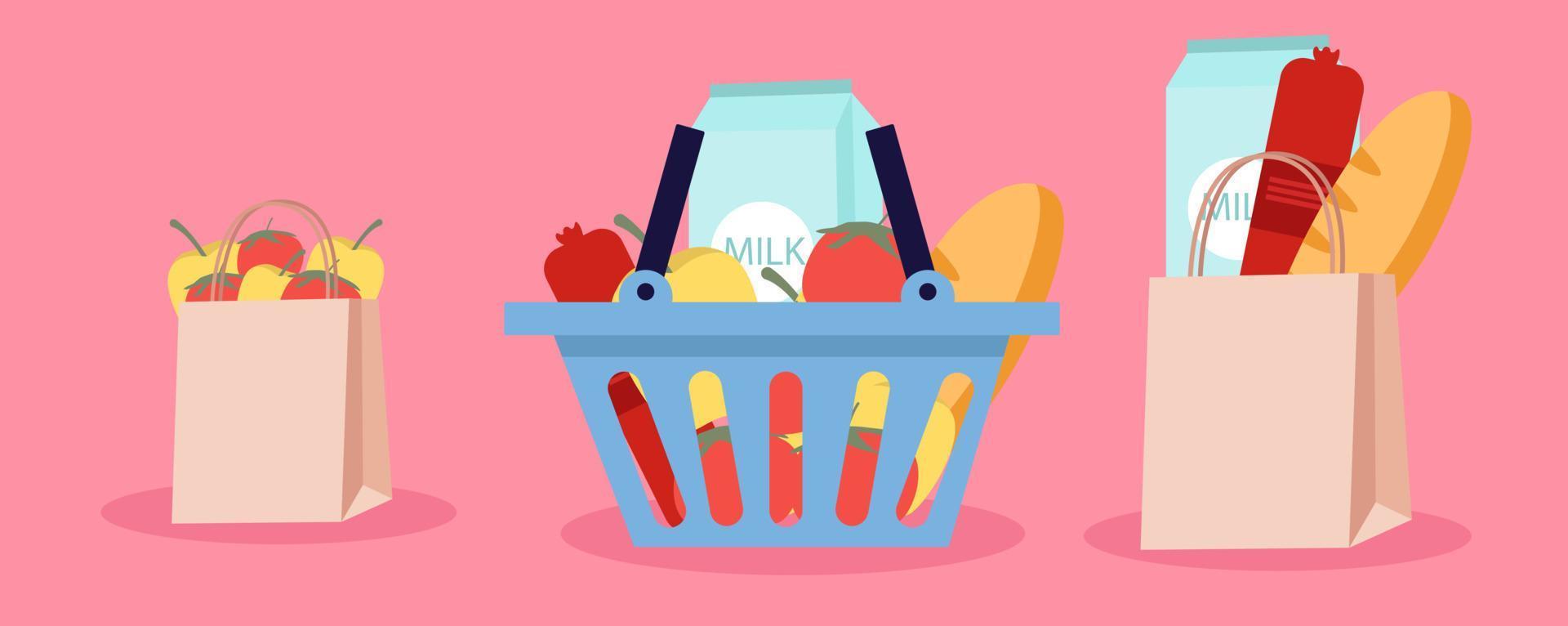 Basket and paper bags with food. Online purchase of food on the Internet. Local market and grocery store. Buy products online. Food delivery services. Fashionable hand-drawn vector banner design.