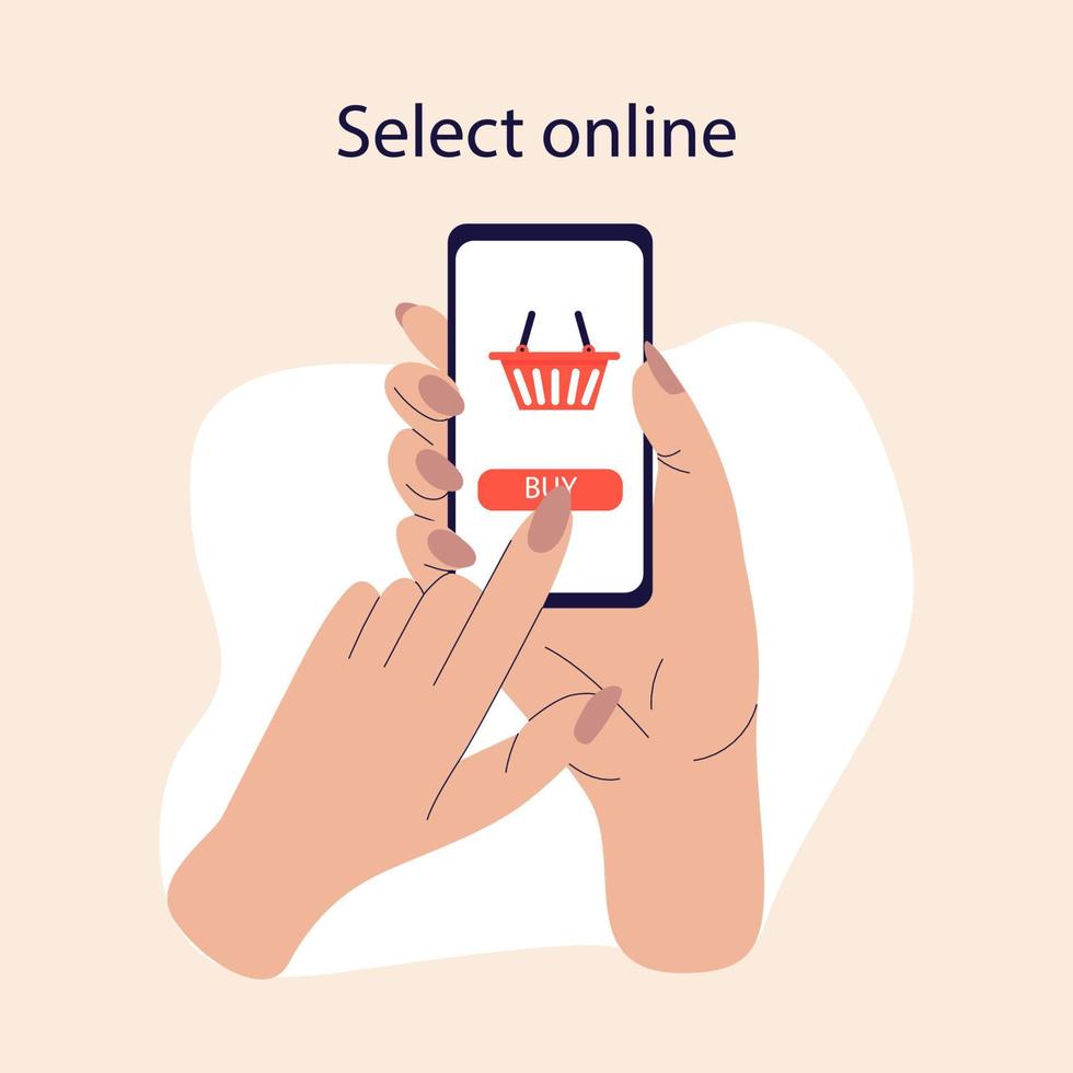 Online shopping concept. Online shopping and delivery illustration with a hand holding a phone. Online selection in the online store. Trendy hand drawn vector design.