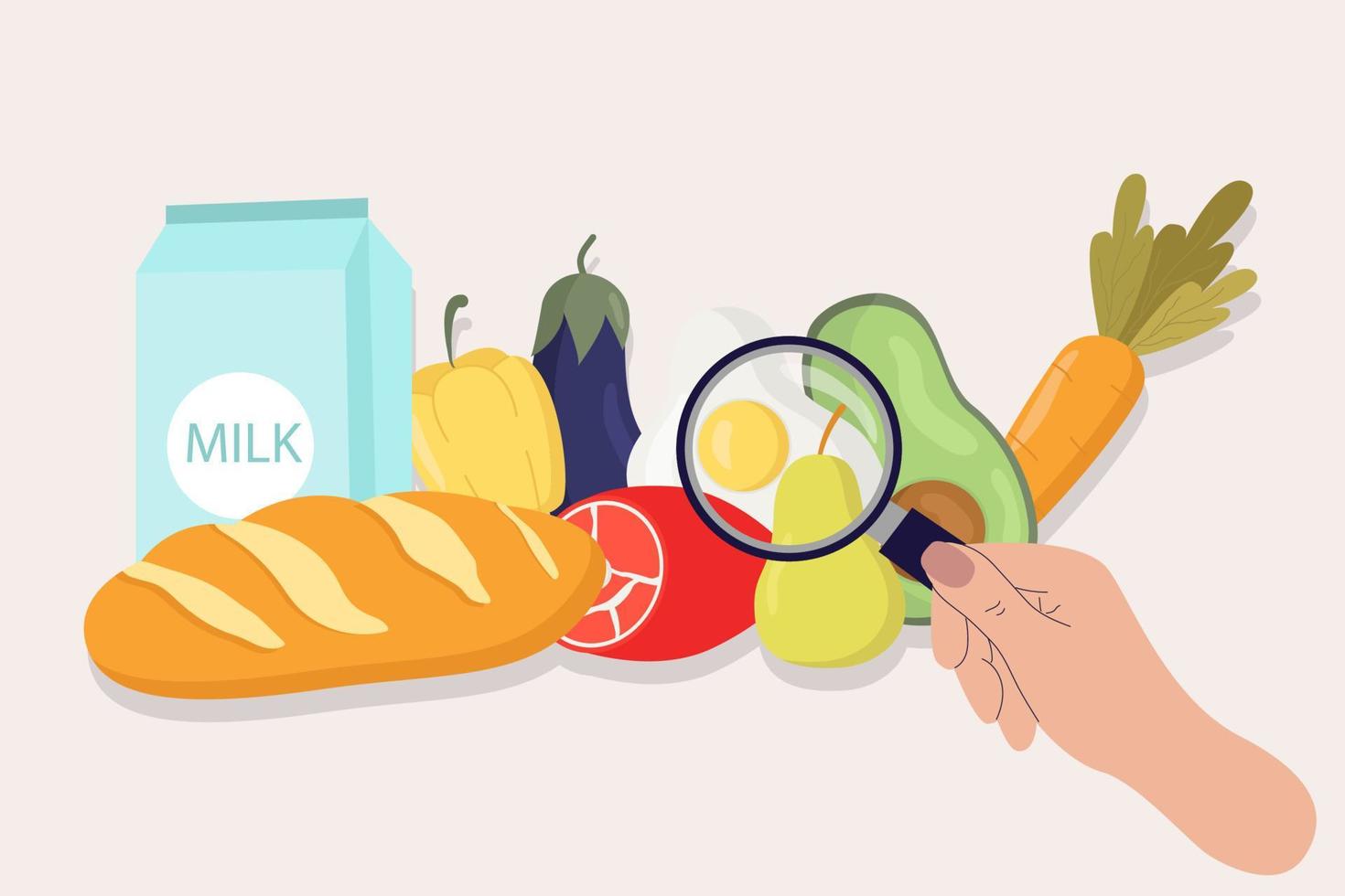 el concepto de una ilustración vectorial plana de seguridad alimentaria saludable. una mano con una lupa estudia la comida. para banner, sitio web, plantilla de página de destino, publicidad y volante vector