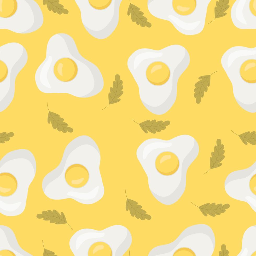 Trendy seamless floral pattern with scrambled eggs. Hand drawn modern illustration of broken egg and greenery. Fabric, web, app, stationery. vector