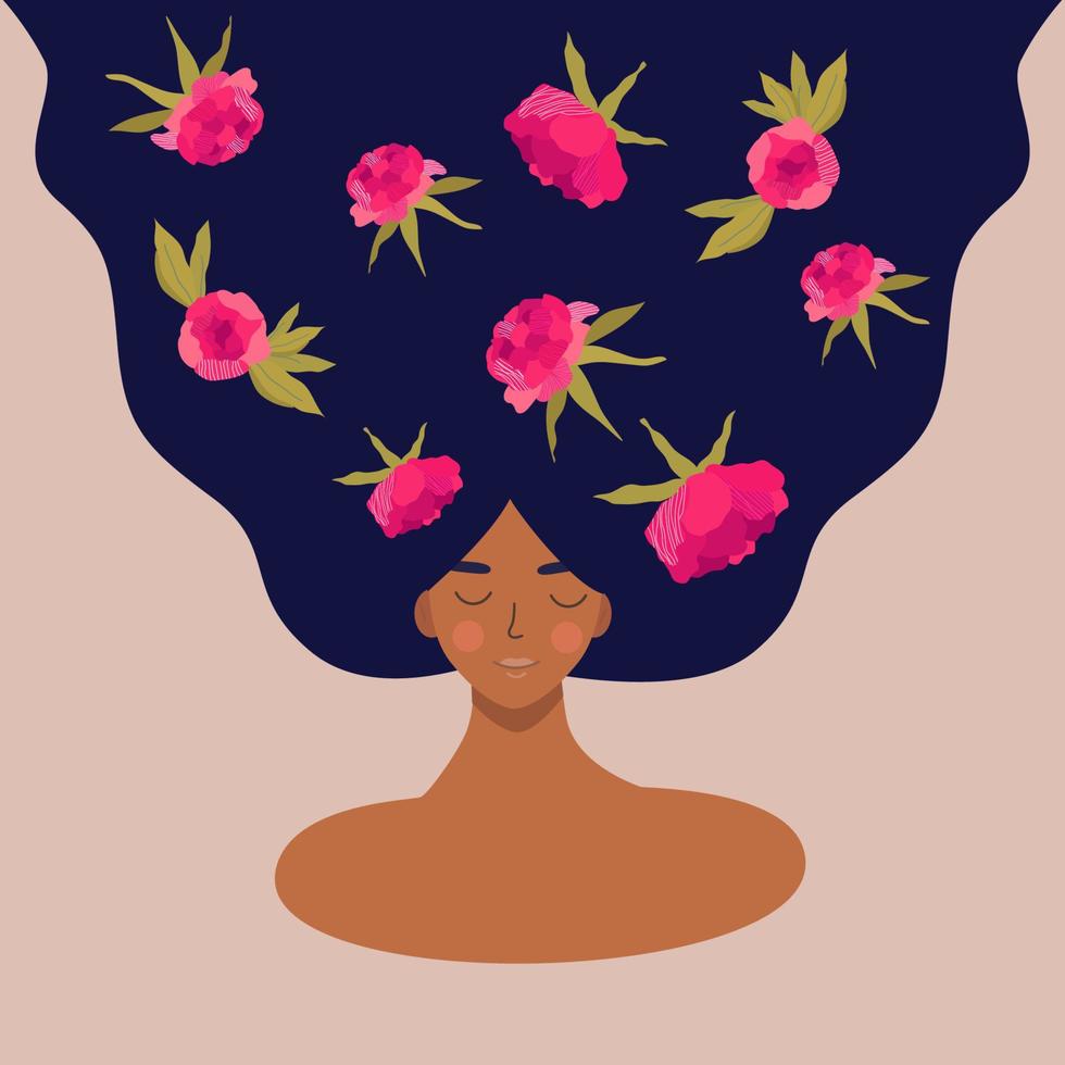 concepto de salud mental. chica afro sonriendo con peonías en el pelo. el pensamiento positivo es una forma de pensar. peonías como símbolo de pensamientos positivos. Ilustración de vector plano.