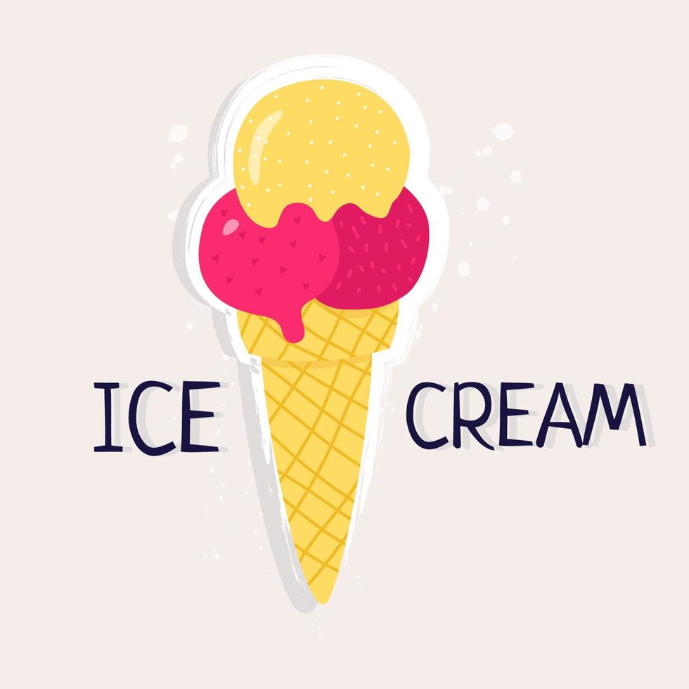 Trendy summer sticker with a picture of delicious ice cream. The inscription ice cream. A colorful postcard with a modern illustration for the Internet and print. vector