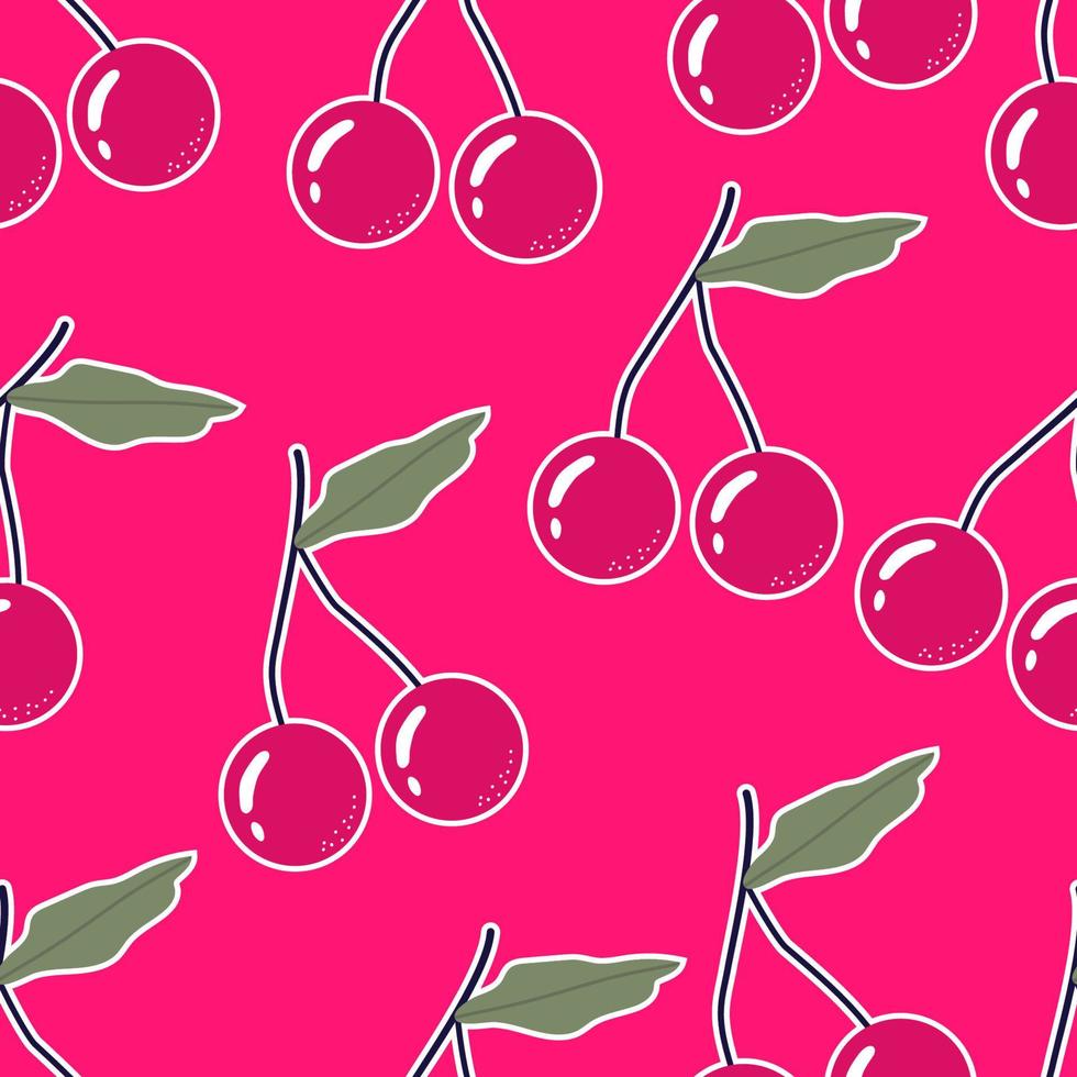 Trendy summer pattern with a cherry on a crimson background. Bright summer pattern for printing, paper, wallpaper, fabric and for the internet. vector
