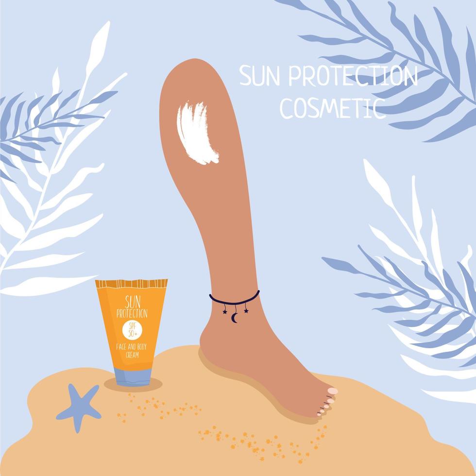 The concept of sun protection.  Banner with sunscreen on the leg. Beach and sunscreen surrounded by palm leaves. vector