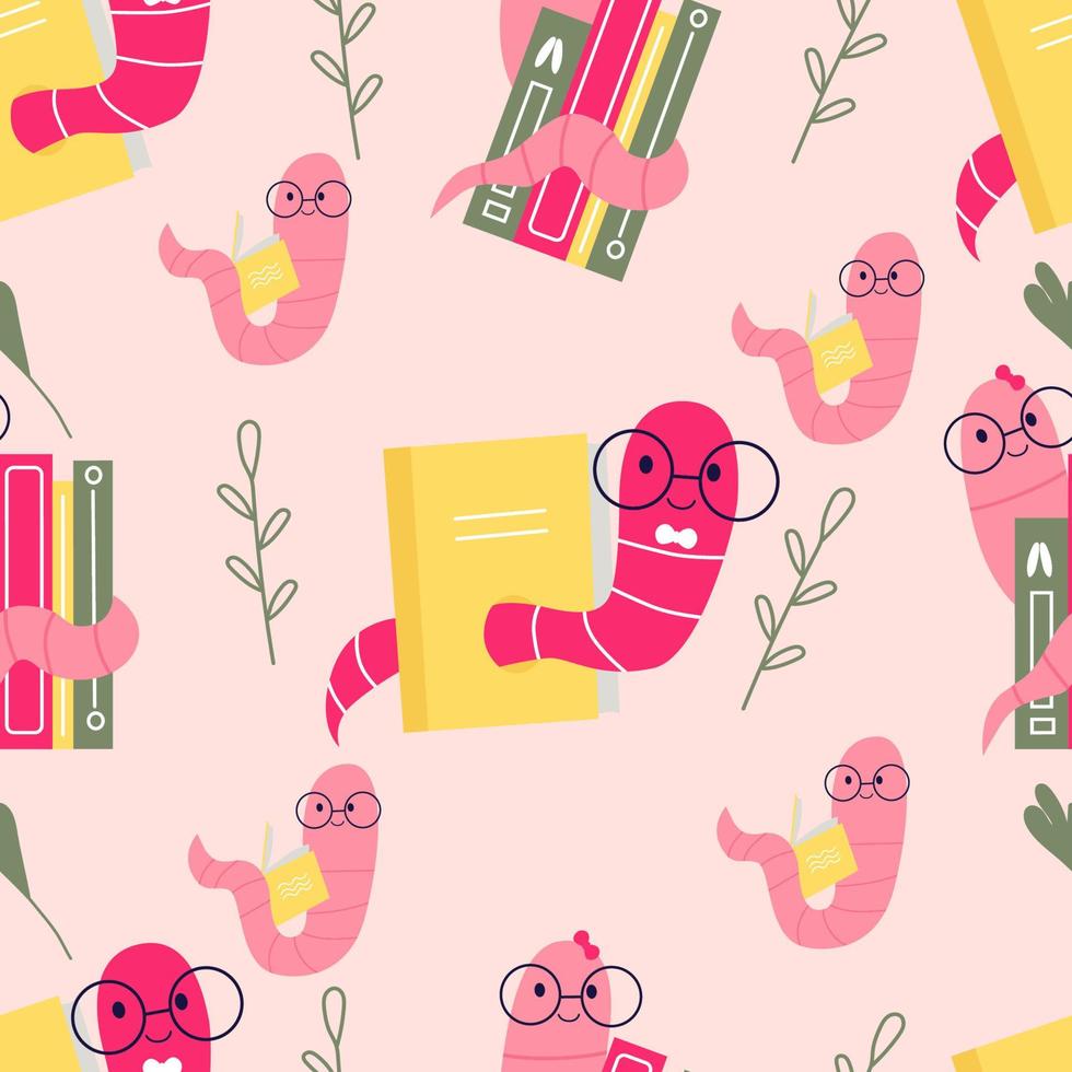 Bookworm.Hand-drawn educational seamless pattern bookworm and books.Drink coffee and read books .  Cartoon style vector