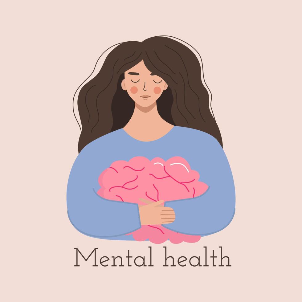 The concept of mental health. A young woman smiles and hugs her brain, symbolizing concern for mental health. Flat vector illustration