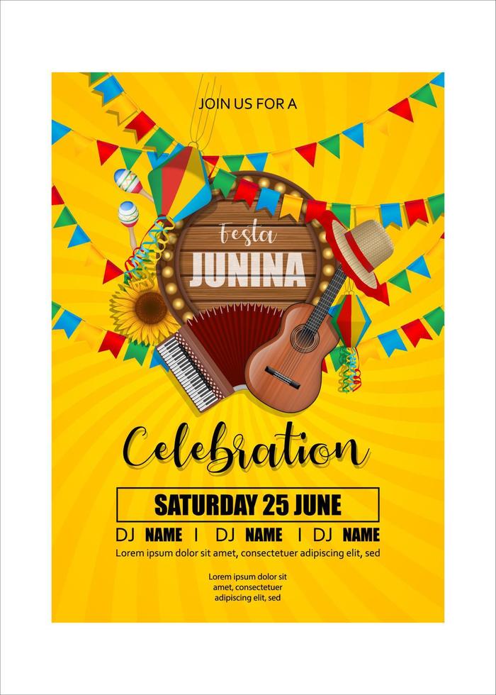 Festa Junina poster with brazilian elements, colorful lanterns and pennants. Brazilian june festival background vector