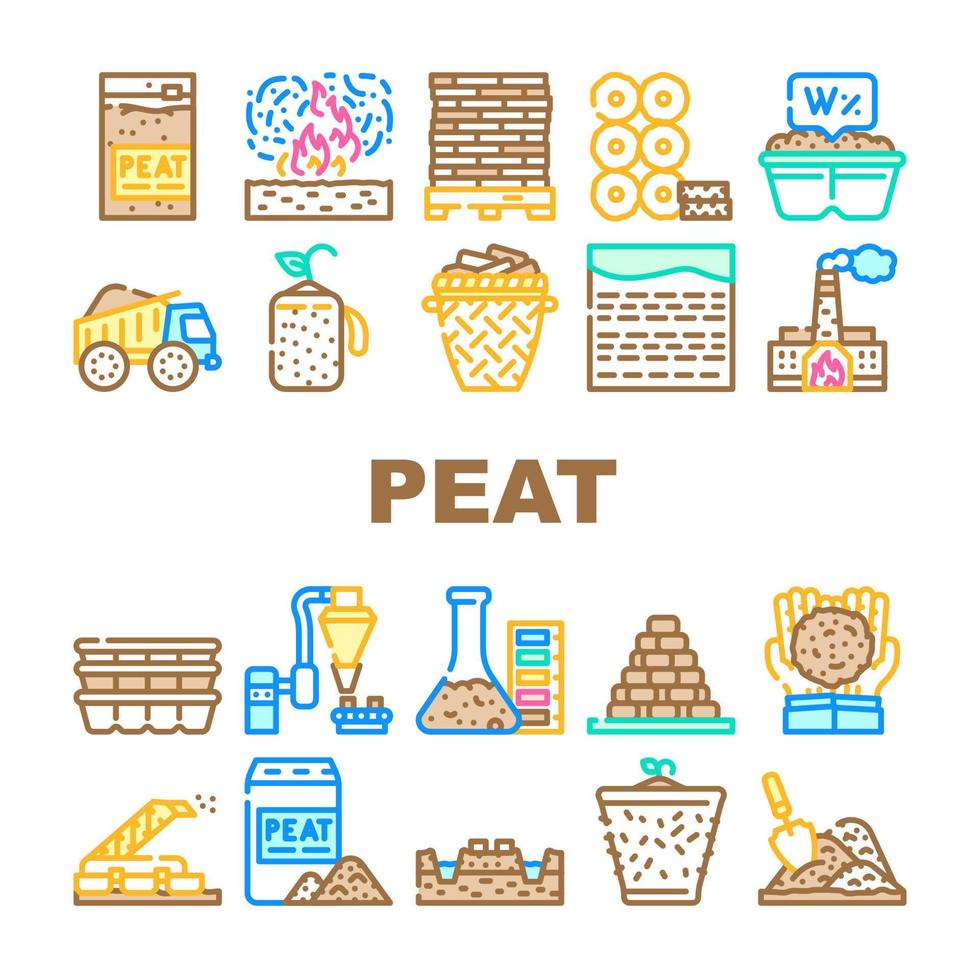 Peat Fuel Production Collection Icons Set Vector