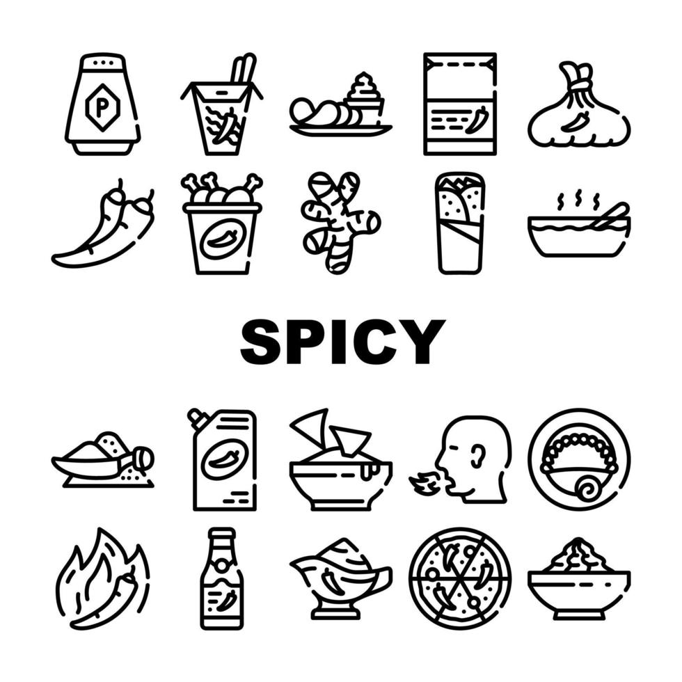 vector de conjunto de iconos de colección de alimentos de sabor de plato picante