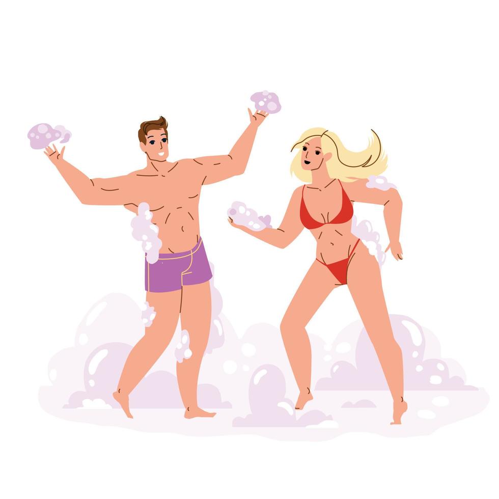 Boy And Girl Enjoy On Foam Party Together Vector