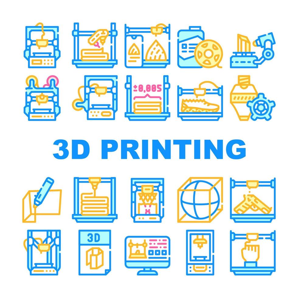 3d Printing Equipment Collection Icons Set Vector