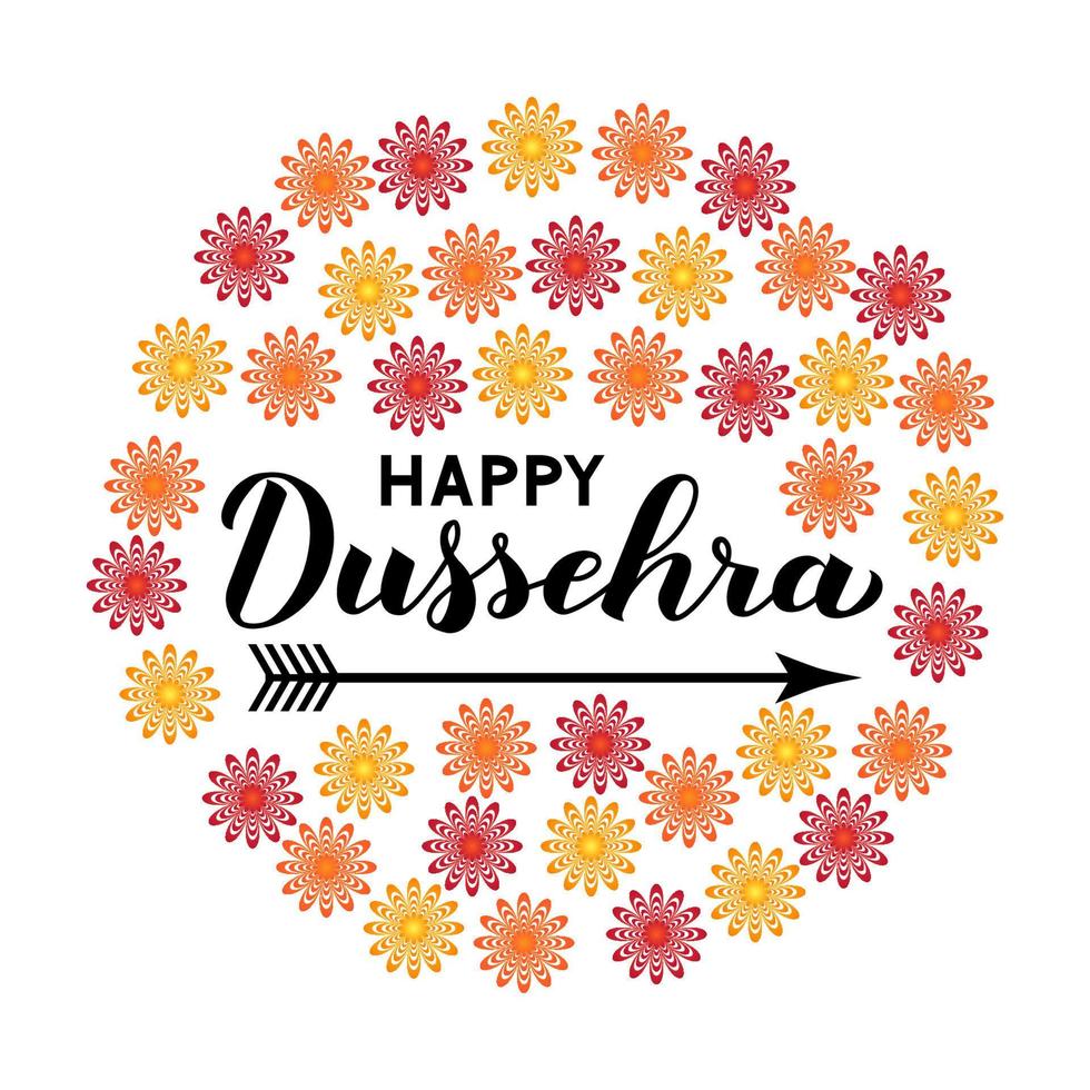 Happy Dussehra hand lettering with arrow. Traditional Indian holiday vector illustration. Easy to edit template for greeting card, typography poster, banner, flyer, invitation, etc.