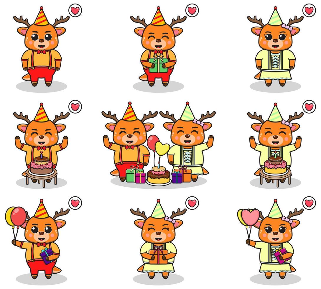 Vector of Cute Deer in Birthday Party. Set of cute little Deer characters. Collection of funny Deer isolated on a white background.
