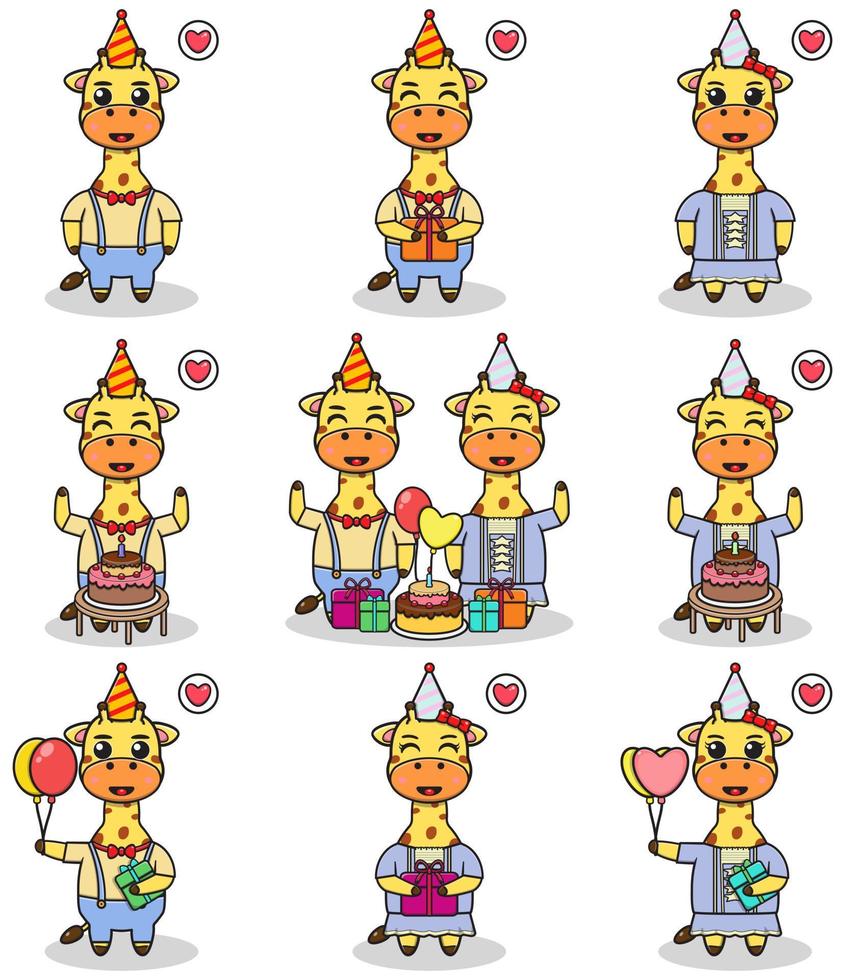 Vector of Cute Giraffe in Birthday Party. Set of cute little Giraffe characters. Collection of funny Giraffe isolated on a white background.