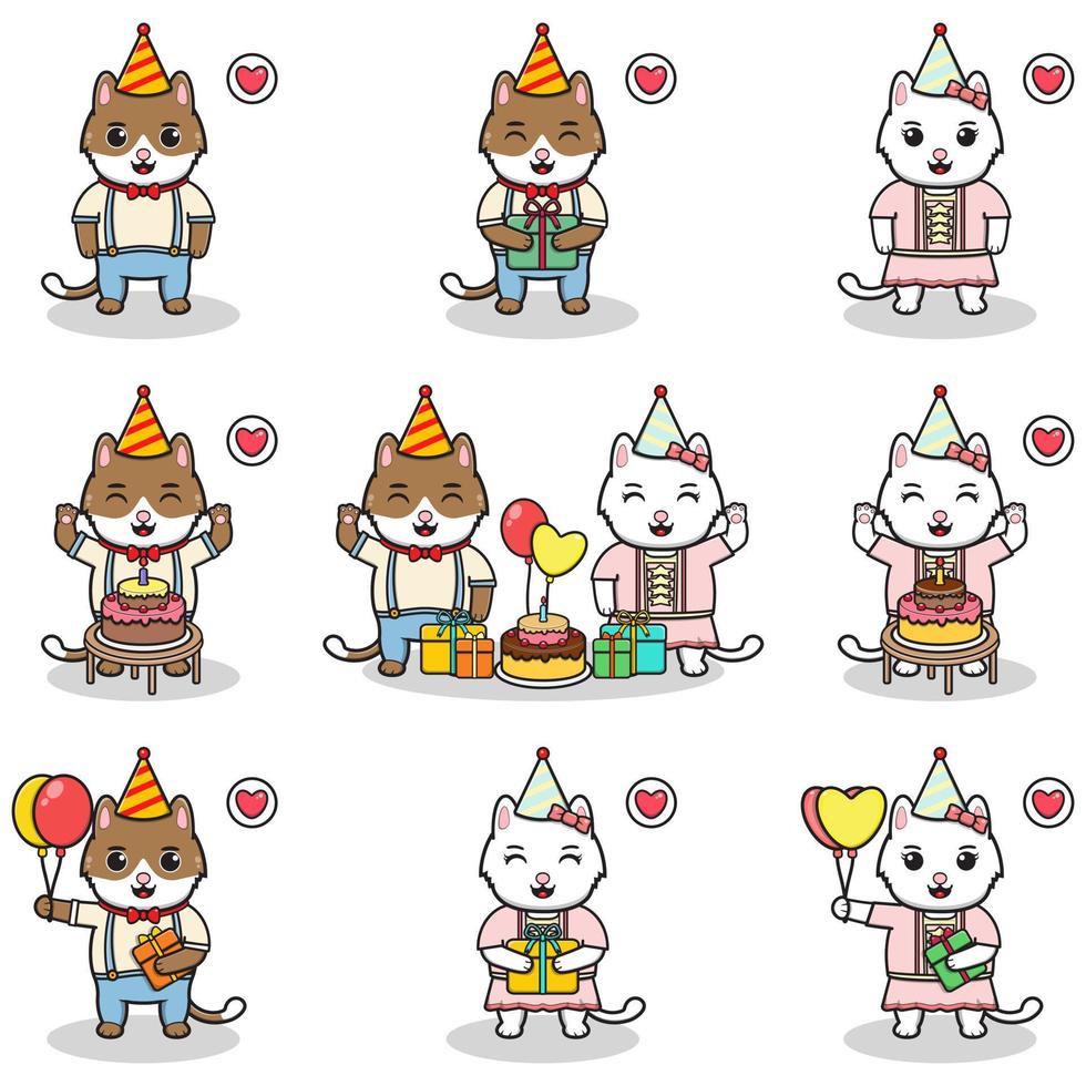 vector de lindo gato en fiesta de cumpleaños. conjunto de lindos personajes de gatos pequeños. colección de gatos graciosos aislados en un fondo blanco.
