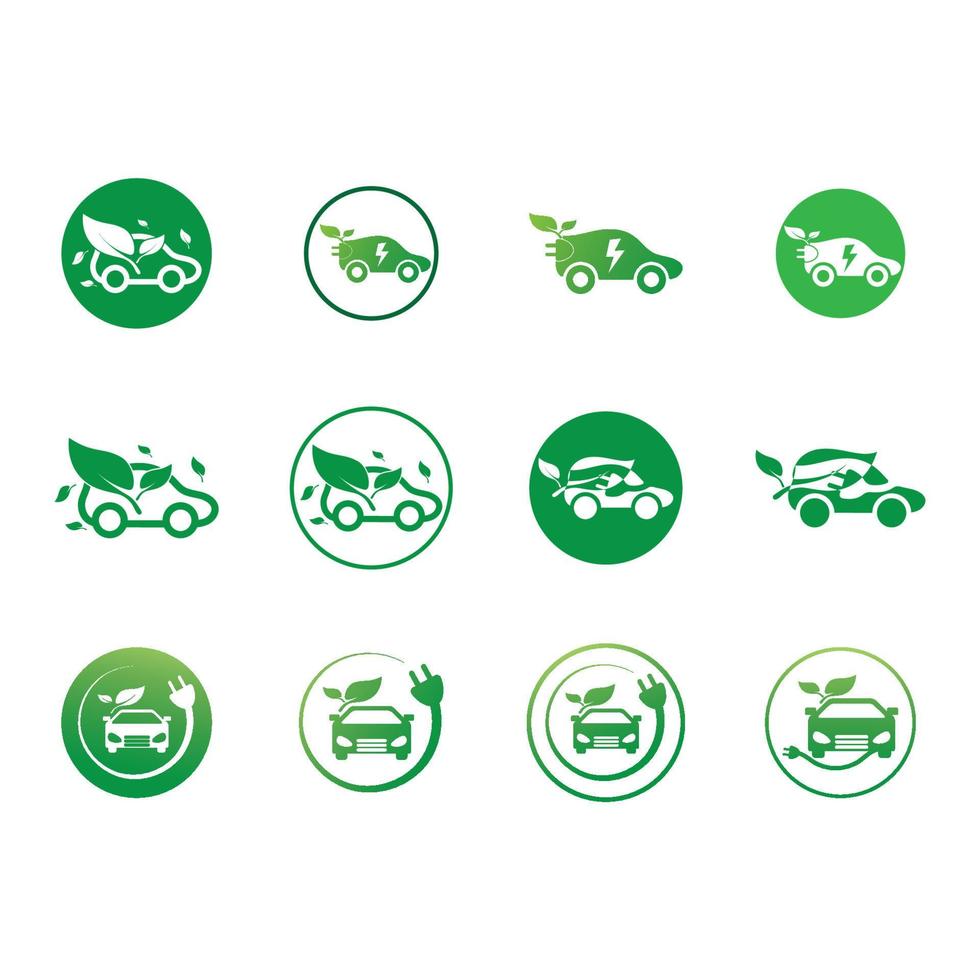 coche ecológico y vector de logotipo de icono de tecnología de coche verde eléctrico.