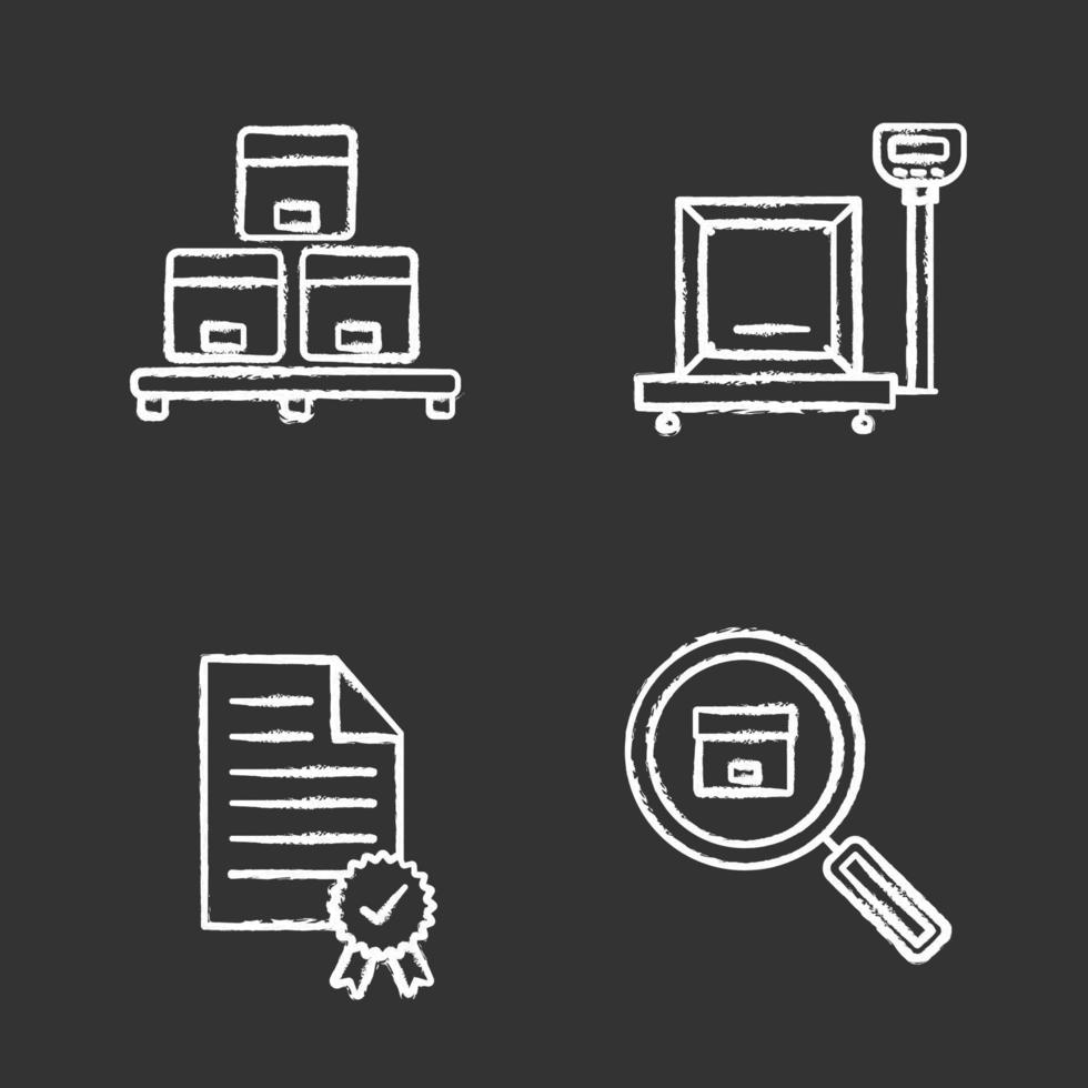 Cargo shipping chalk icons set. Delivery service. Warehouse, cargo weighing, certificate, parcel tracking. Isolated vector chalkboard illustrations