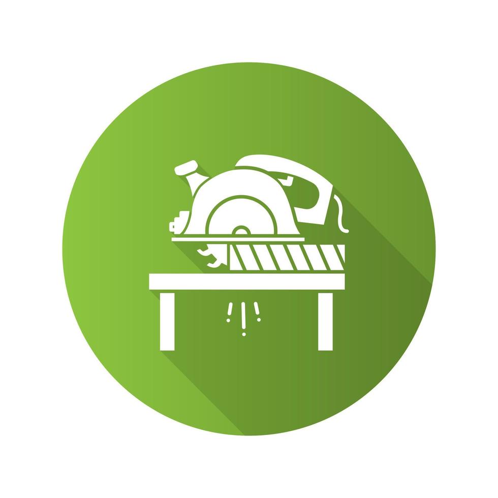 Circular saw cutting wooden plank flat linear long shadow icon. Disc saw. Vector outline symbol