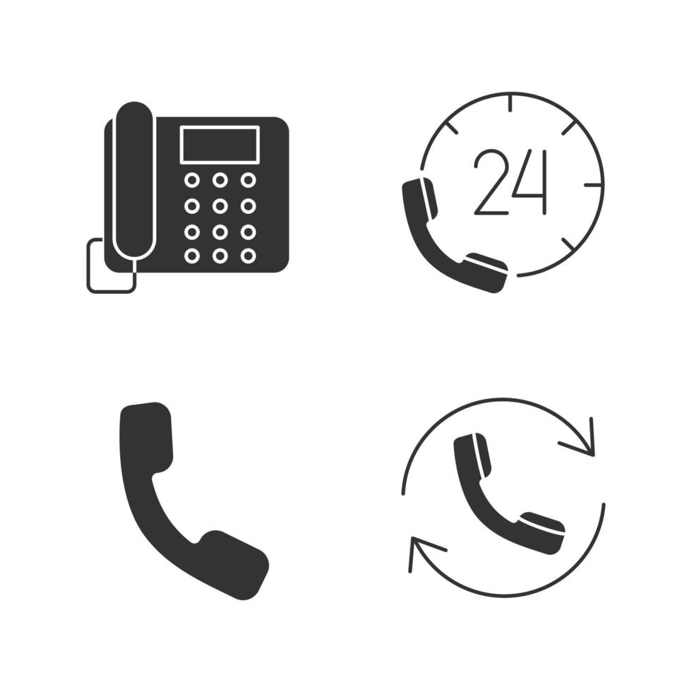 Phone communication glyph icons set. Landline telephone, hotline, handset, calling. Silhouette symbols. Vector isolated illustration