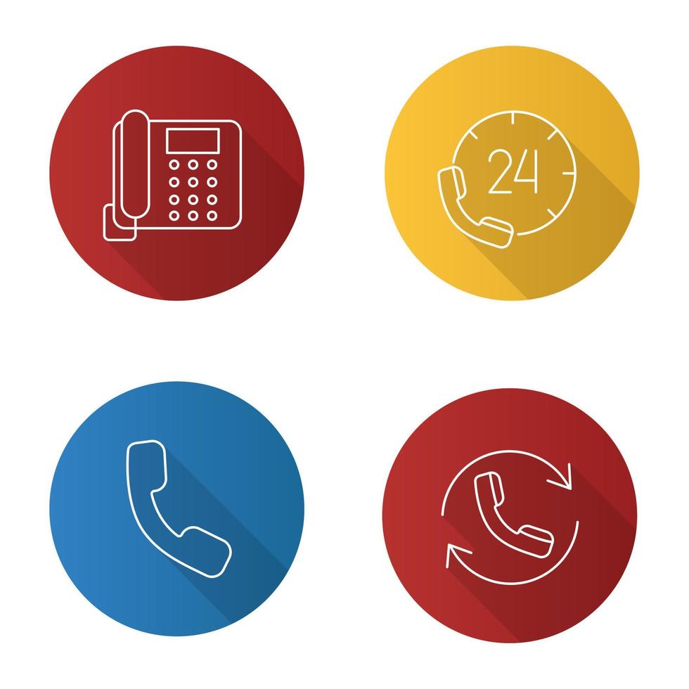 Phone communication flat linear long shadow icons set. Landline telephone, hotline, handset, calling. Vector outline illustration