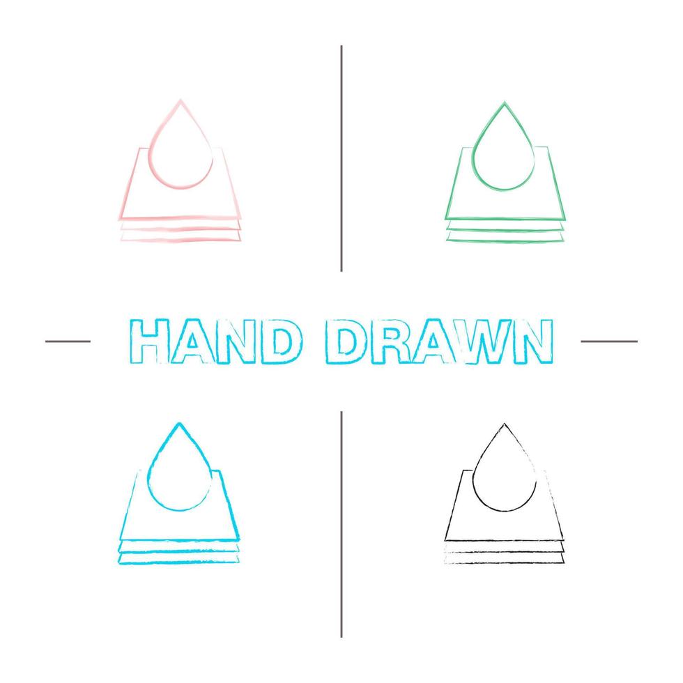 Printing hand drawn icons set. Paper or fabric with paint drop. Color brush stroke. Isolated vector sketchy illustrations