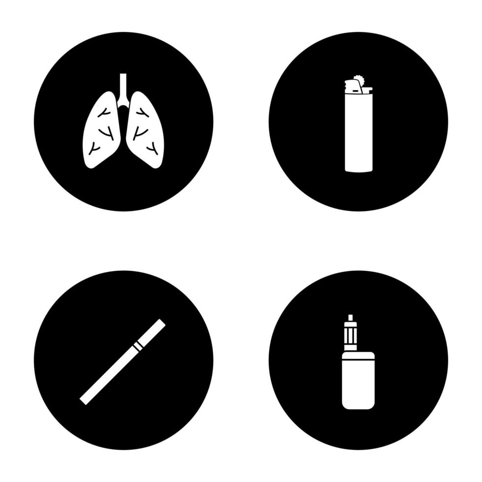 conjunto de iconos de glifo de fumar. pulmones humanos, encendedor, cigarrillo, caja de vape mod. ilustraciones de siluetas blancas vectoriales en círculos negros vector