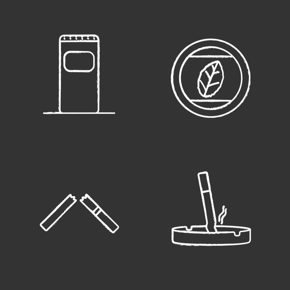 Smoking chalk icons set. Garbage bin, tobacco leaf, stubbed out cigarette in ashtray, broken cig. Isolated vector chalkboard illustrations