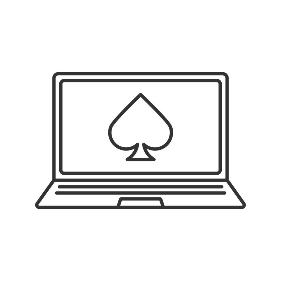 Online casino linear icon. Laptop display with spade card suit. Thin line illustration. Contour symbol. Vector isolated outline drawing. Editable stroke