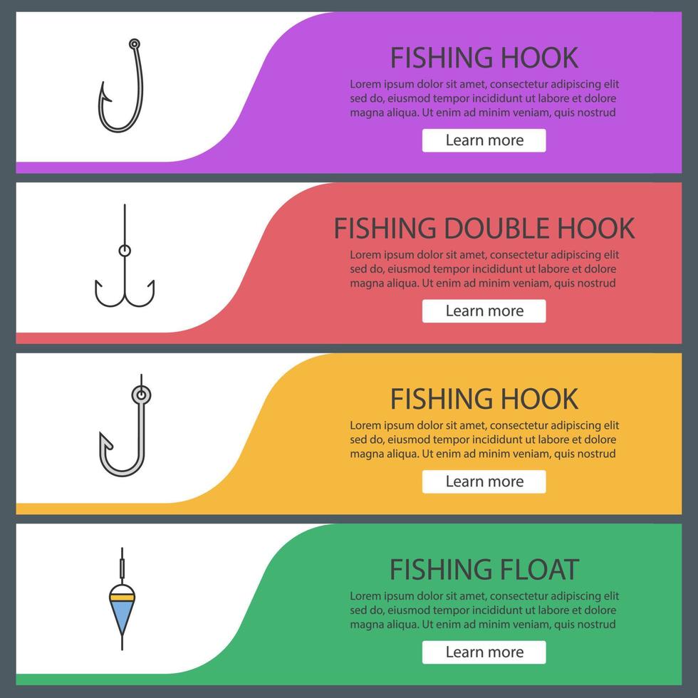 conjunto de plantillas de banner web de pesca. flotador de pesca y anzuelos. elementos del menú de color del sitio web. conceptos de diseño de encabezados vectoriales vector