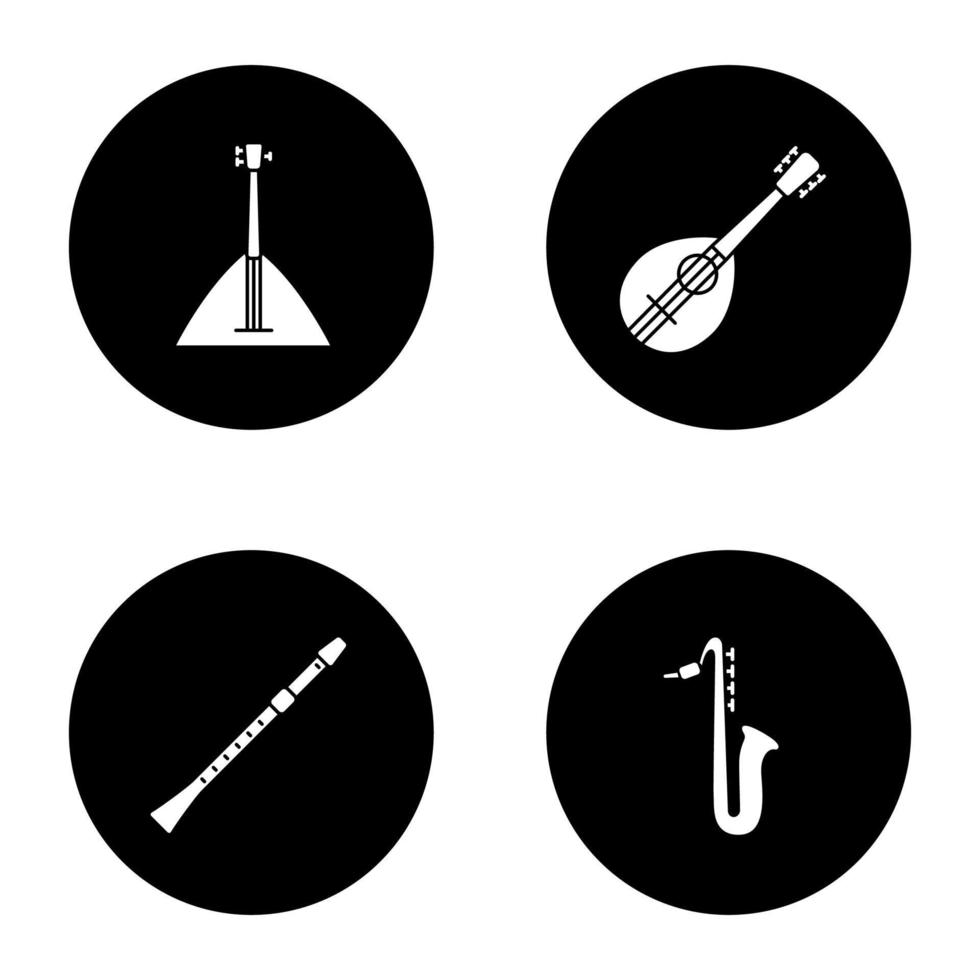 Musical instruments glyph icons set. Balalaika, mandolin, saxophone, flute. Vector white silhouettes illustrations in black circles