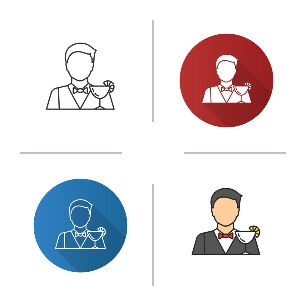 Barman icon. Bartender, barkeeper. Flat design, linear and color styles. Isolated vector illustrations