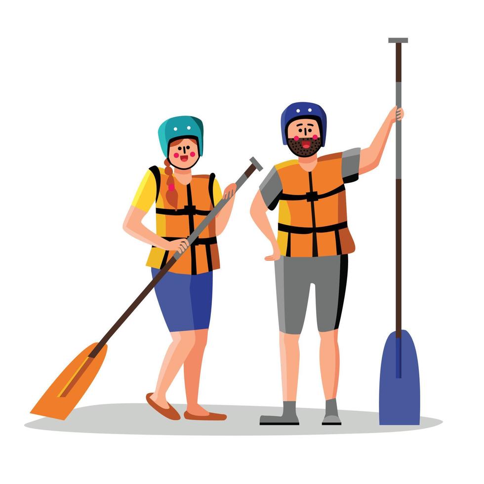 Rafting People Wear Life Vest Hold Paddle Vector